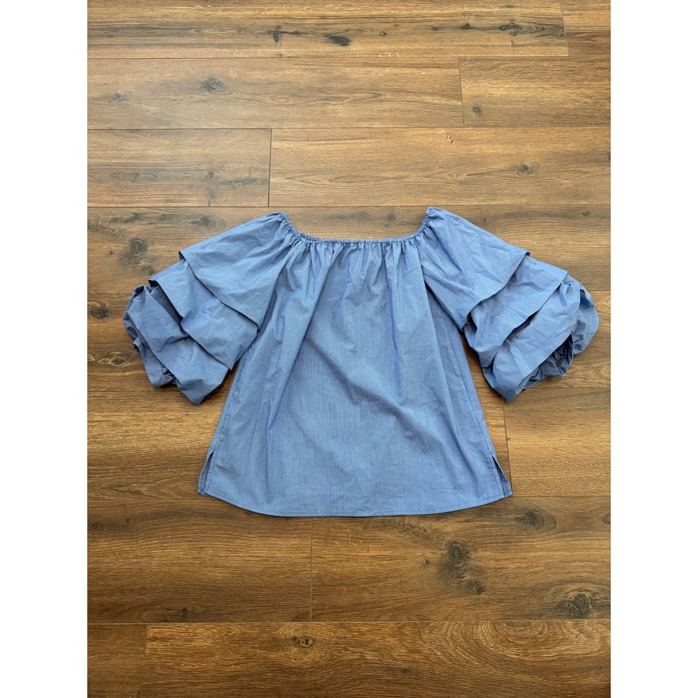 Philosophy Republic Clothing Blue Pinstripe Ruffle Sleeve Off Shoulder Blouse S